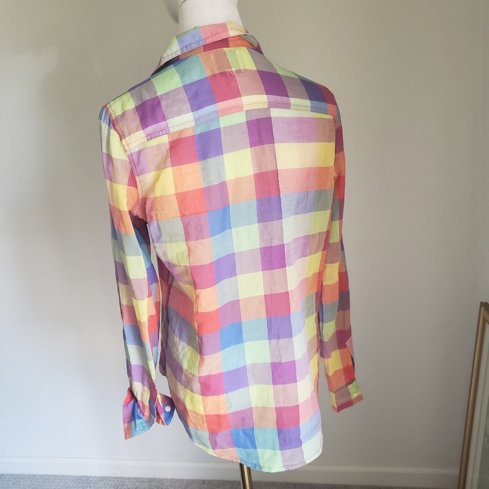 Vintage Rainbow Plaid Button Down Shirt Long Sleeve Colorful Checkered Top Small - Picture 4 of 7